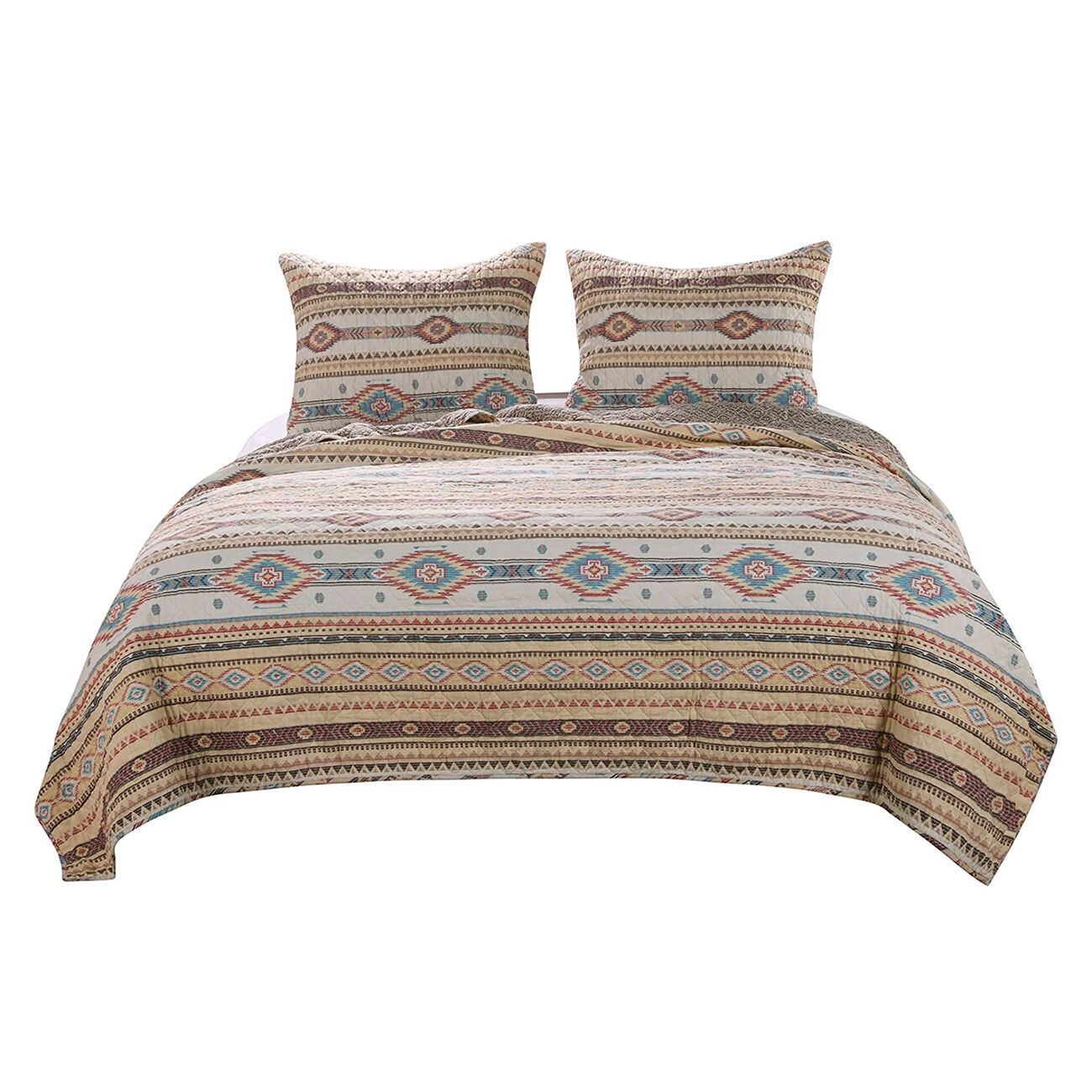 Twin Size 2 Piece Polyester Quilt Set with Kilim Pattern, Multicolor