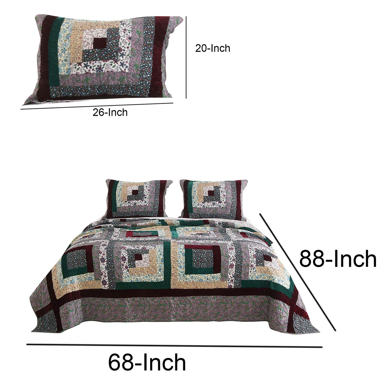 Twin Size 2 Piece Polyester Quilt Set with Floral Panels, Multicolor