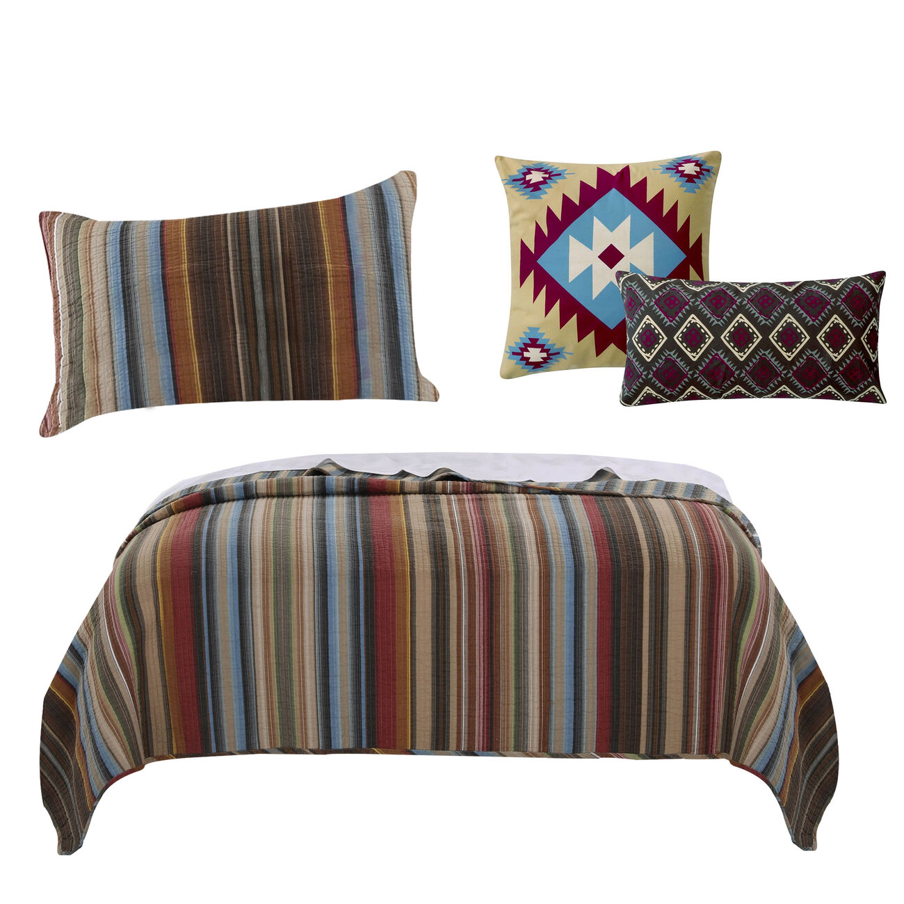 Striped Cotton Twin Quilt Set with 1 Sham and 2 Pillows, Multicolor