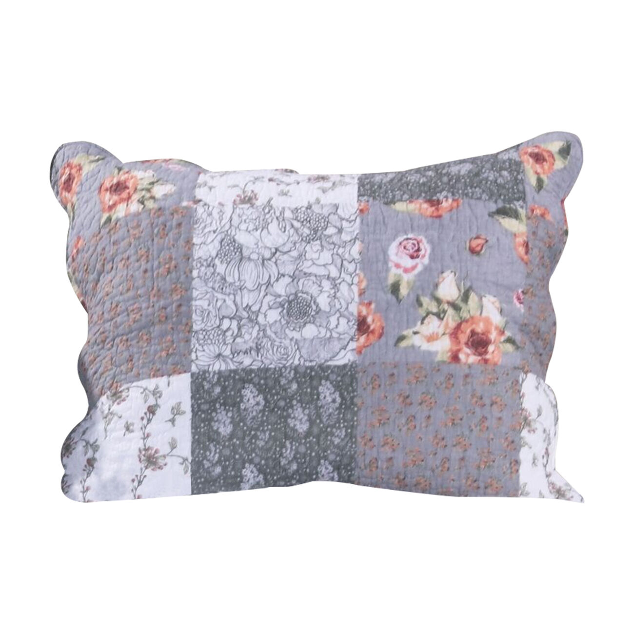 Fabric Reversible Pillow Sham with Floral Print and Scalloped Ends, Gray