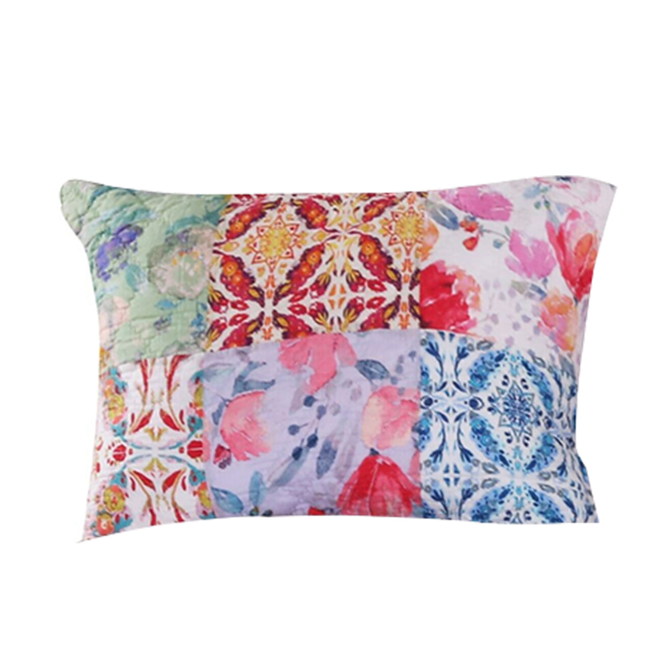 Hand Painted Fabric King Size Pillow Sham with Floral Tile Art, Multicolor