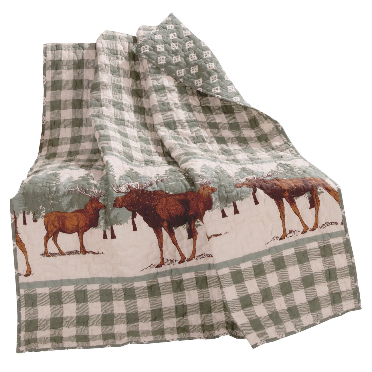 Fabric Throw Blanket with Plaid and Animal Print, Green and Brown - BM223375