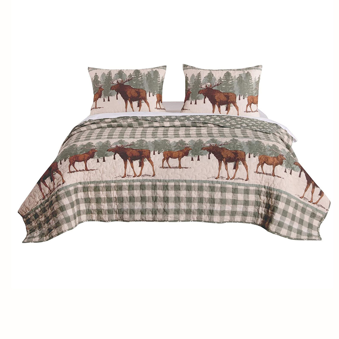 Fabric Queen Size Quilt Set with Animal and Plaid Print, Green and Brown - BM223378