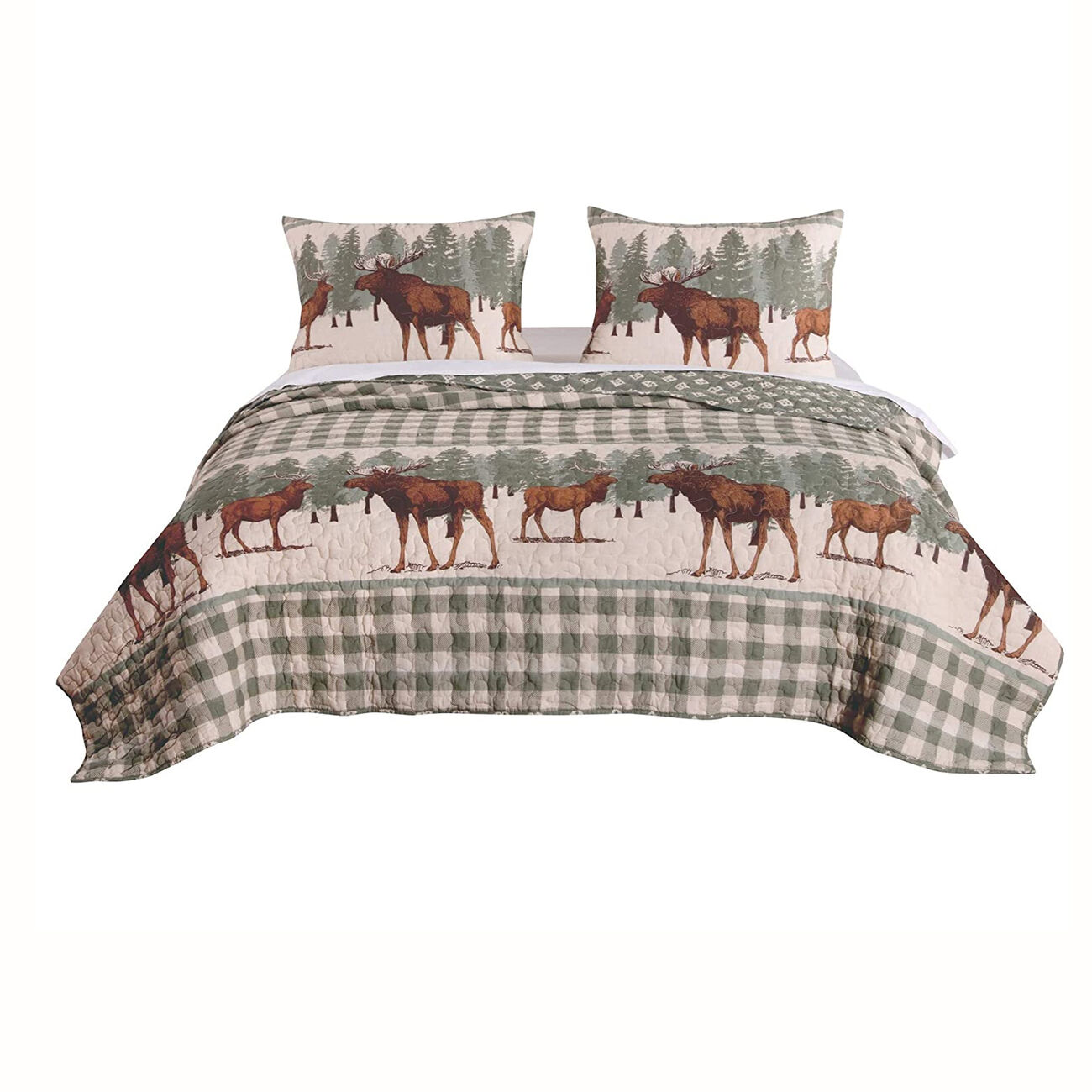 Fabric King Size Quilt Set with Animal and Plaid Print, Green and Brown - BM223379