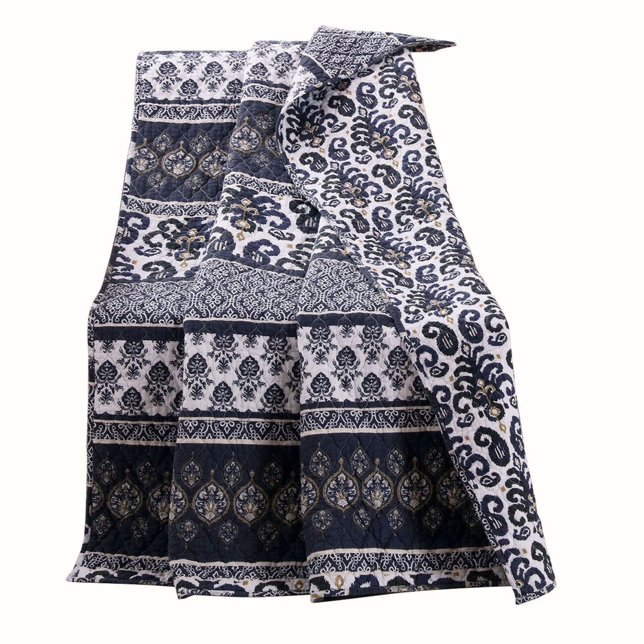 Fabric Reversible Throw Blanket with Ikat and Floral Pattern,Blue and White - BM223388