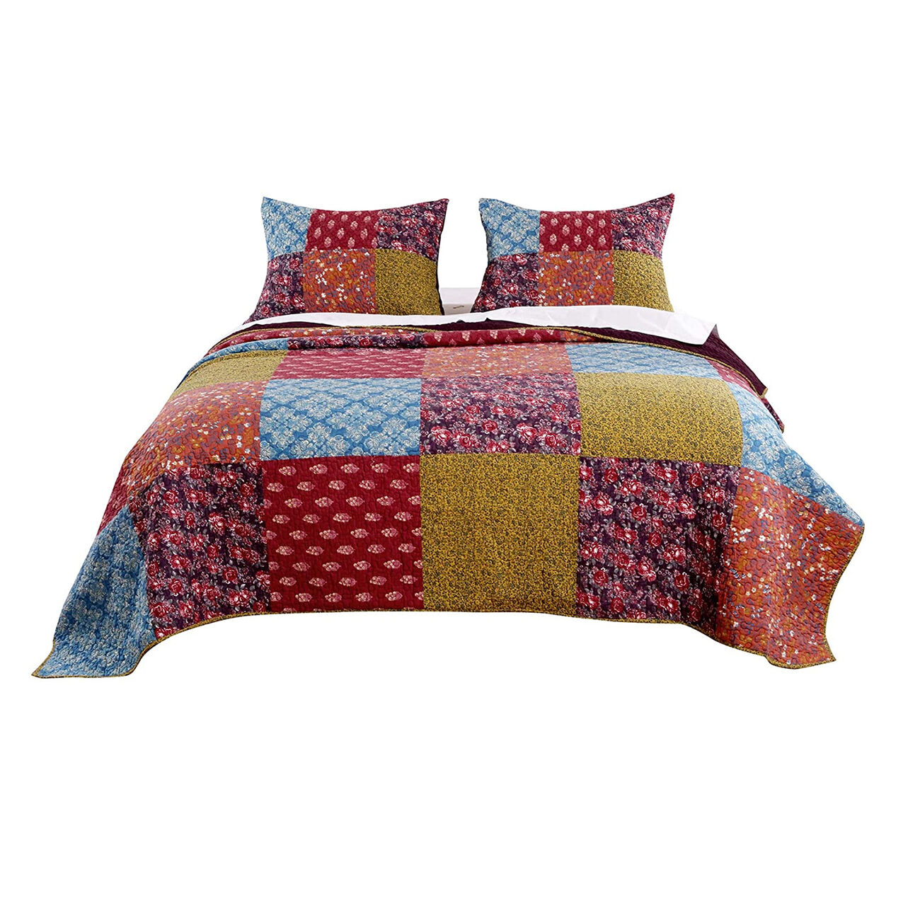 2 Piece Cotton Twin Size Quilt Set with Patchwork, Multicolor - BM223403