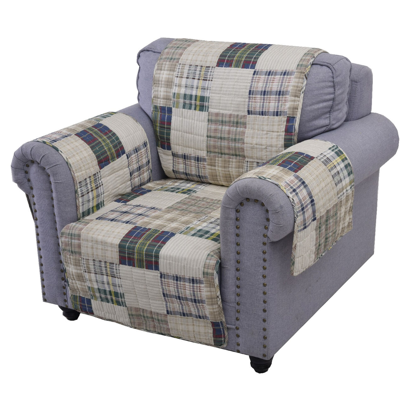 Waterproof Lining Arm Chair Protector with Plaid Square Design, Multicolor - BM223408