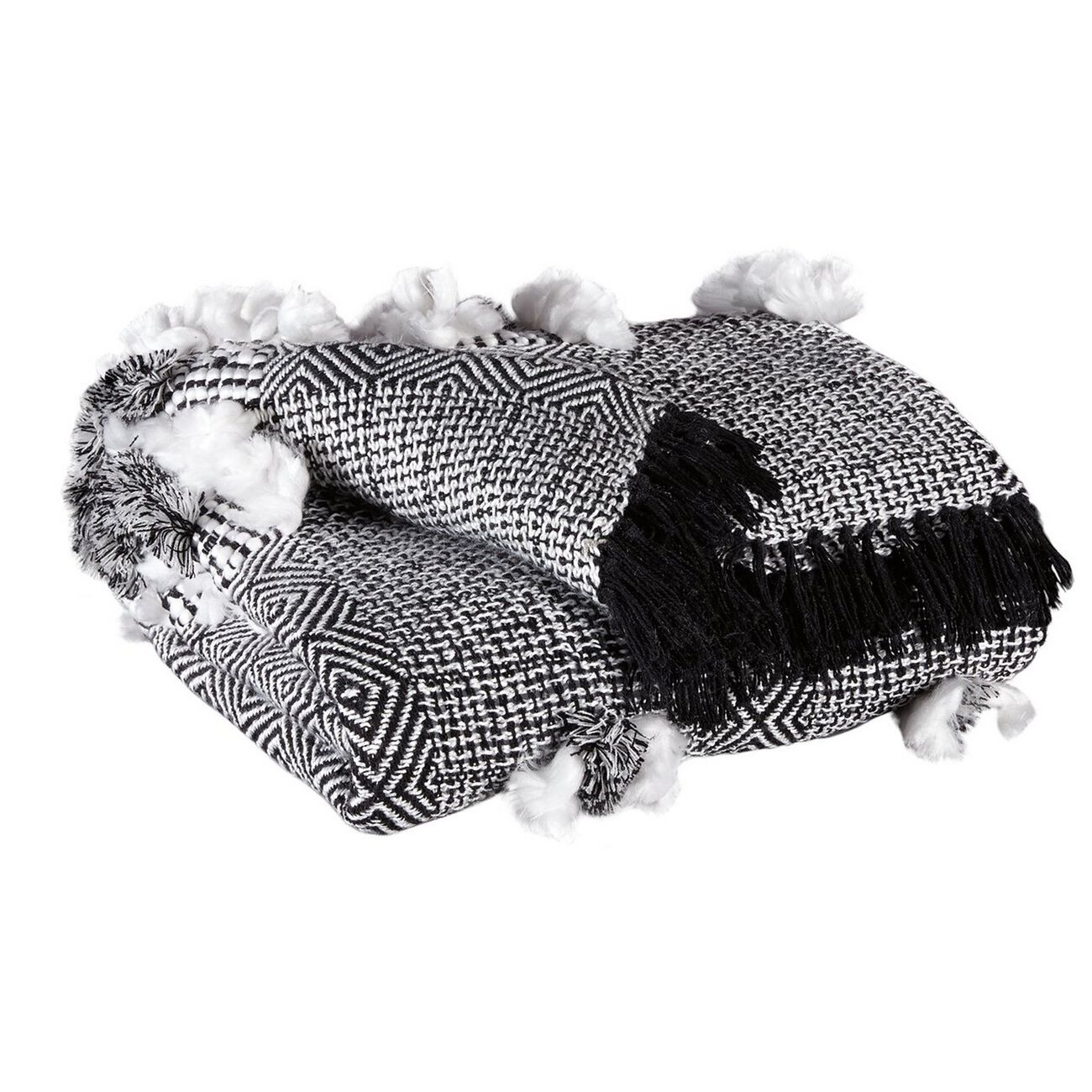 60 x 50 Handwoven Throw with Fringe Details, Set of 3, Black and White
