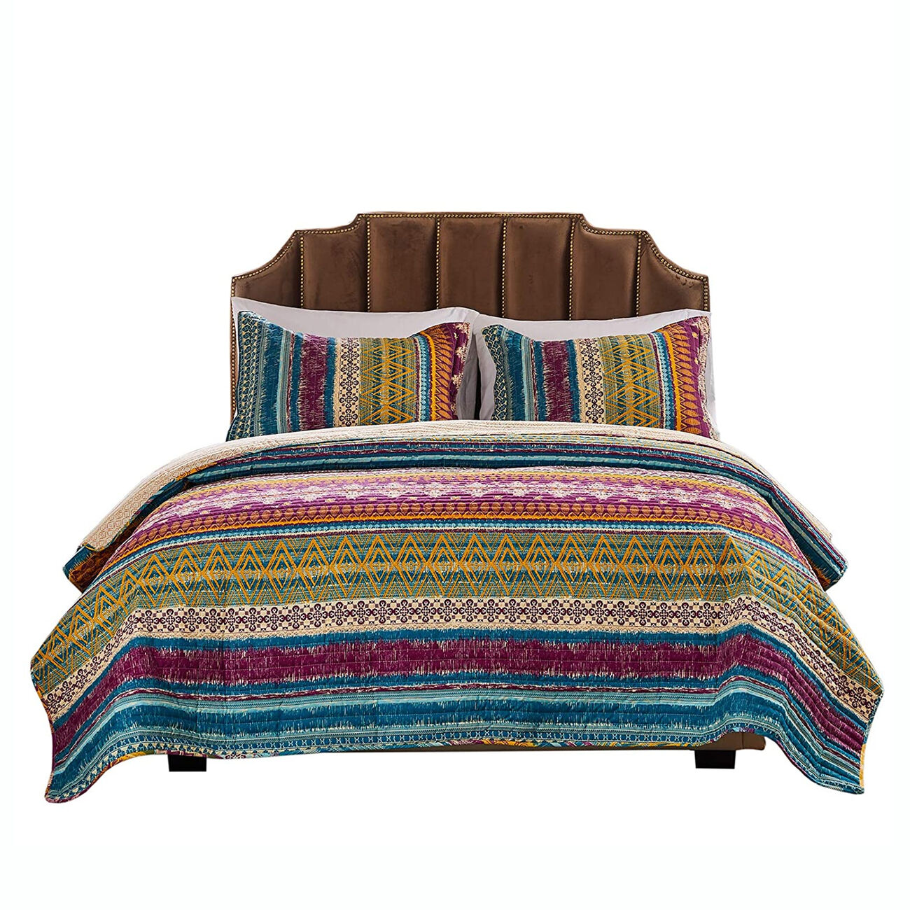 Tribal Motif Print Cotton Twin Quilt Set with 1 Pillow Sham, Multicolor