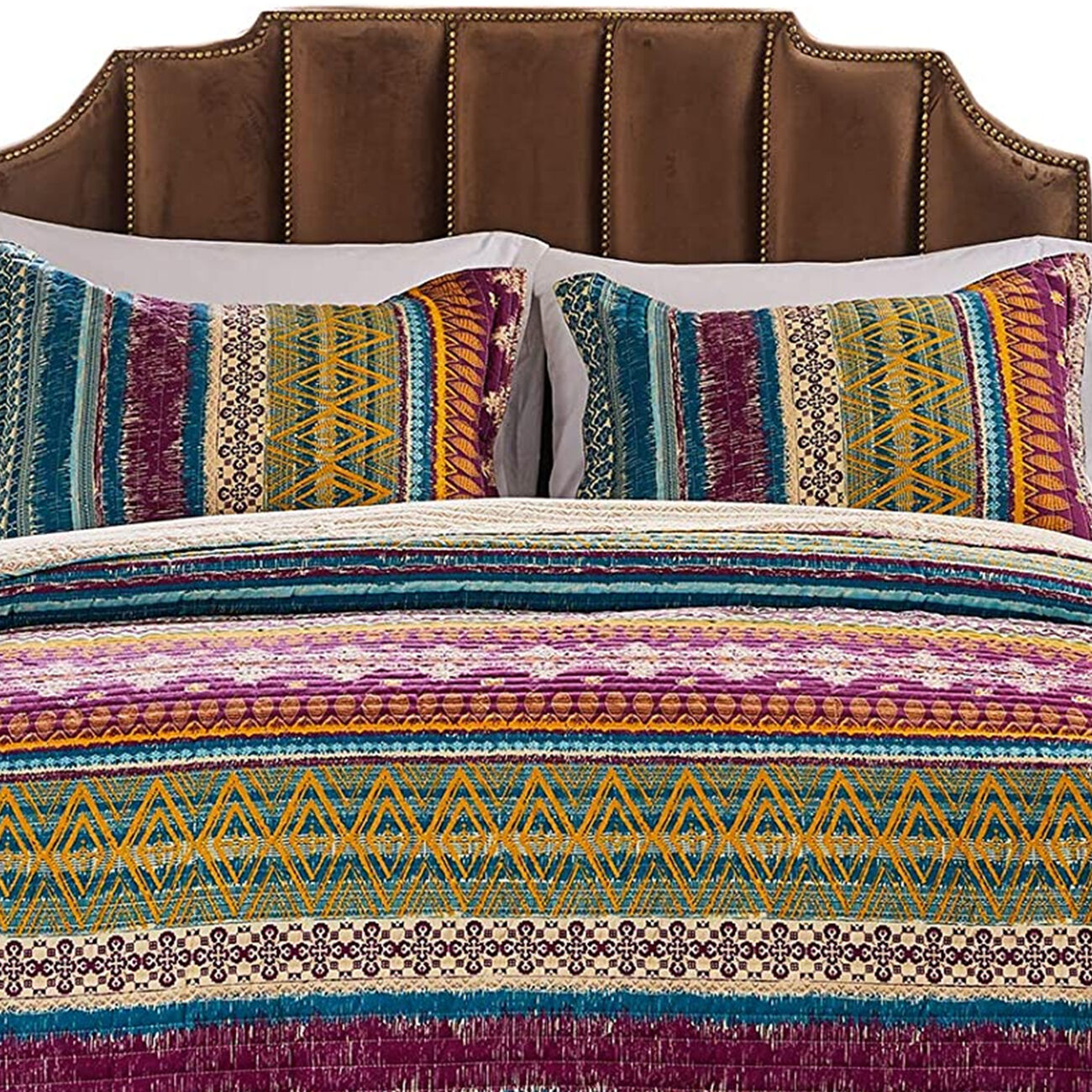 Tribal Motif Print Cotton Full Quilt Set with 2 Pillow Sham, Multicolor