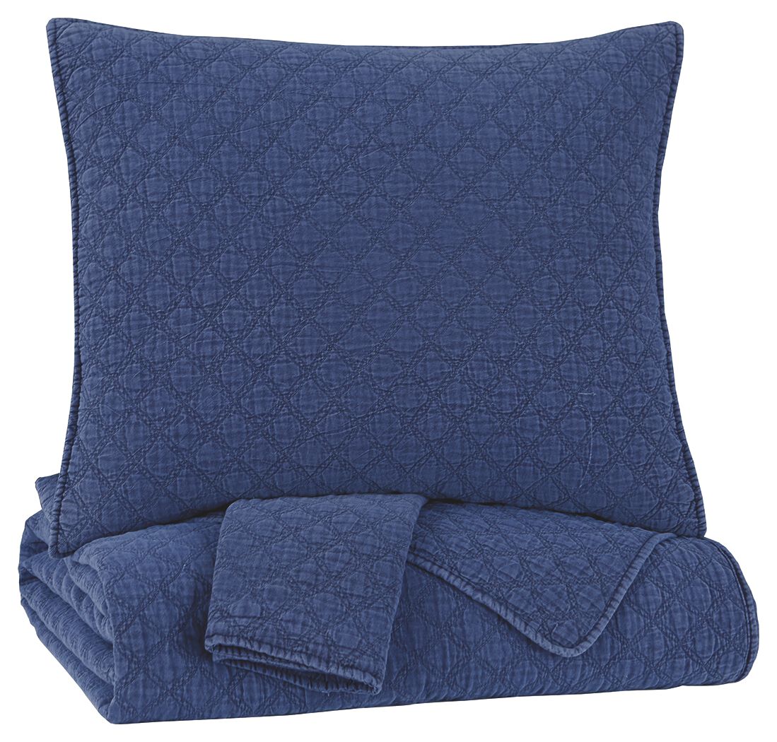 3 Piece Diamond Quilted Polyester Queen Coverlet Set, Blue