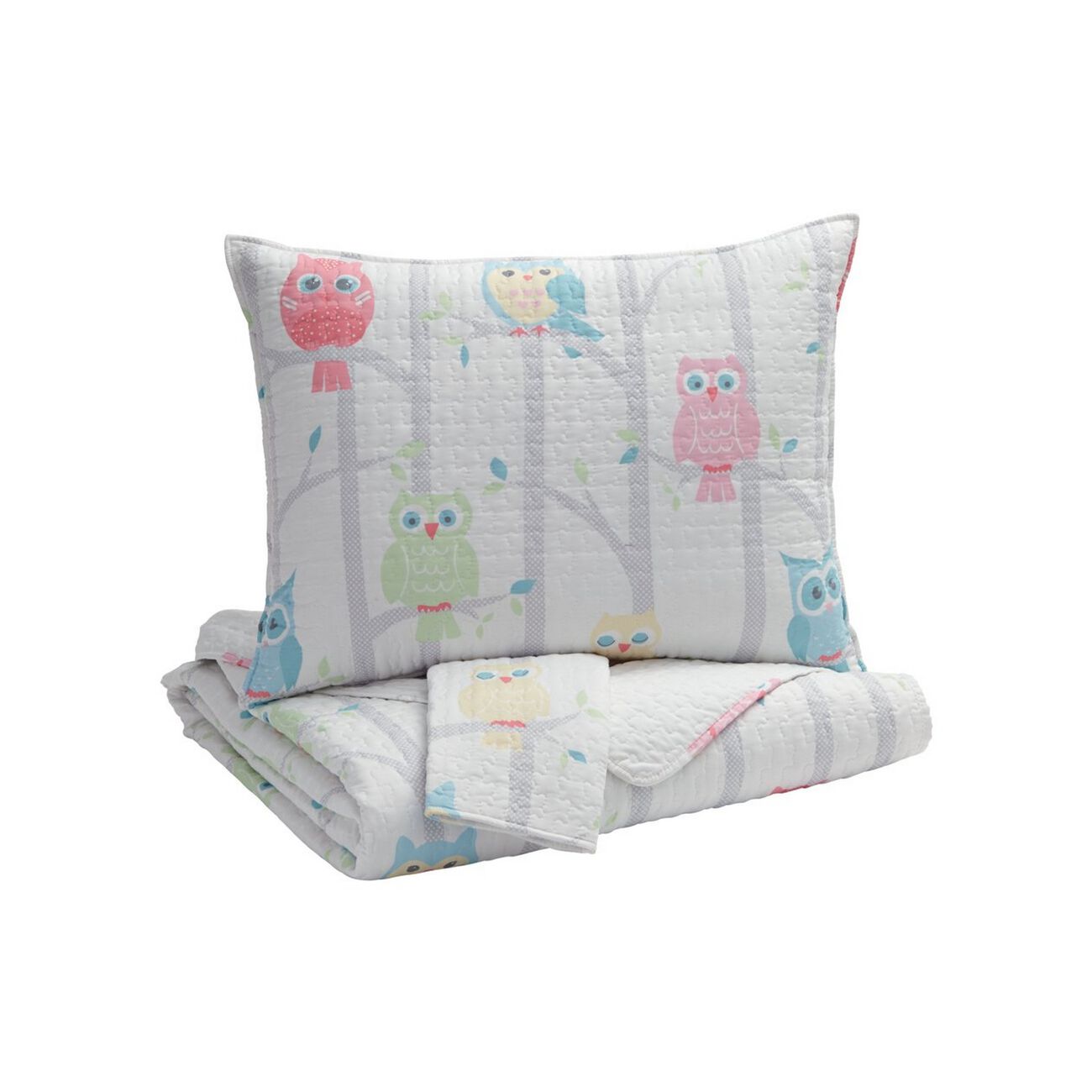 3 Piece Fabric Full Coverlet Set with Little Owls Print, Multicolor