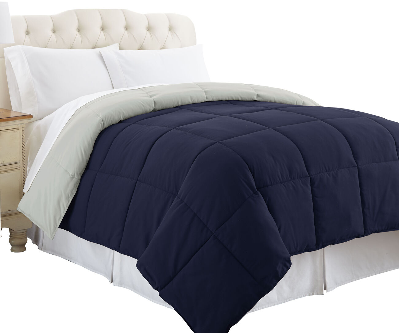 Genoa Reversible Queen Comforter with Box Quilting The Urban Port, Silver and Blue