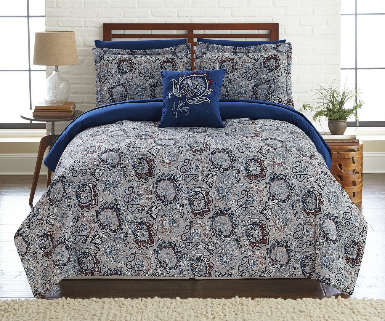 Caen 8 Piece Printed California King Reversible Bed Set The Urban Port, Gray and Blue