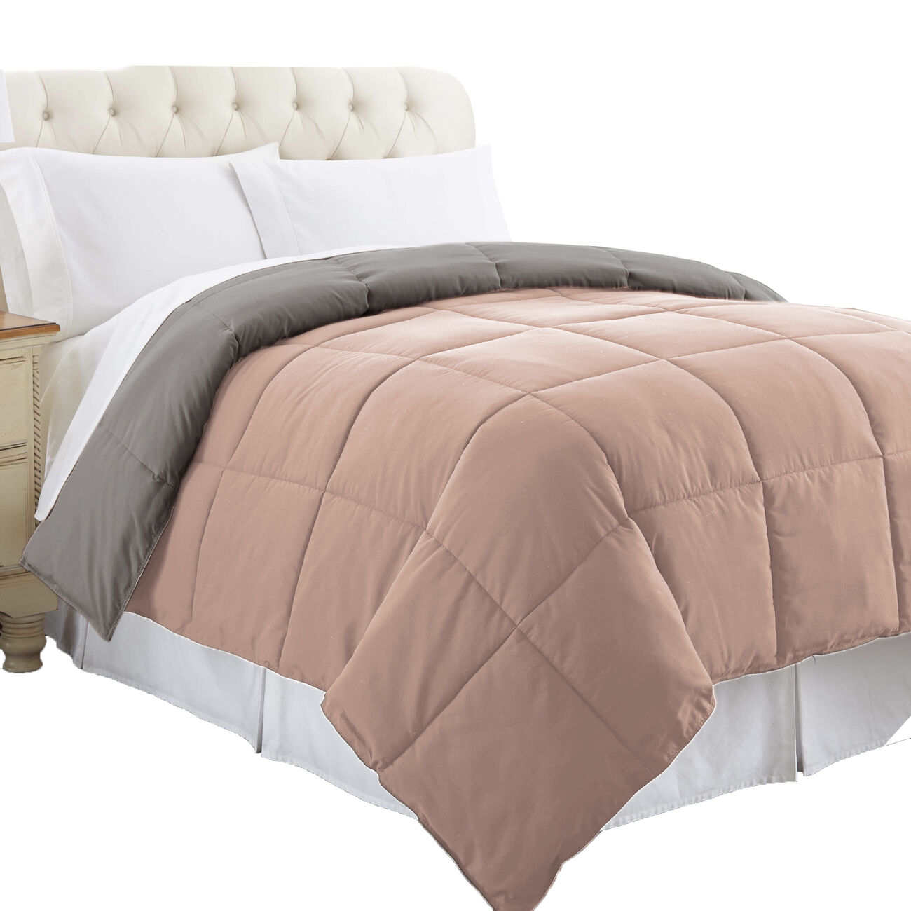 Genoa Twin Size Box Quilted Reversible Comforter The Urban Port, Gray and Pink