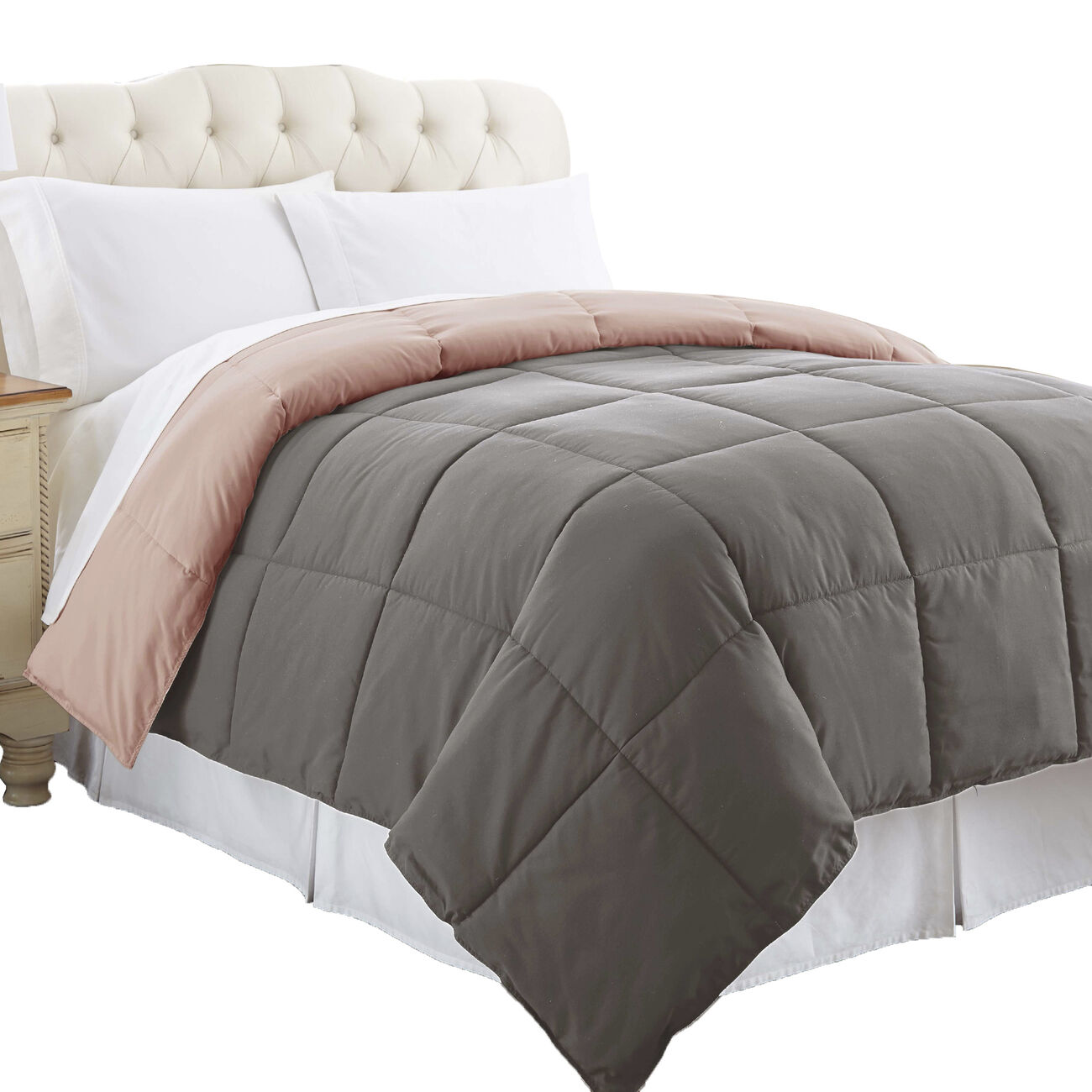 Genoa Queen Size Box Quilted Reversible Comforter The Urban Port, Gray and Pink