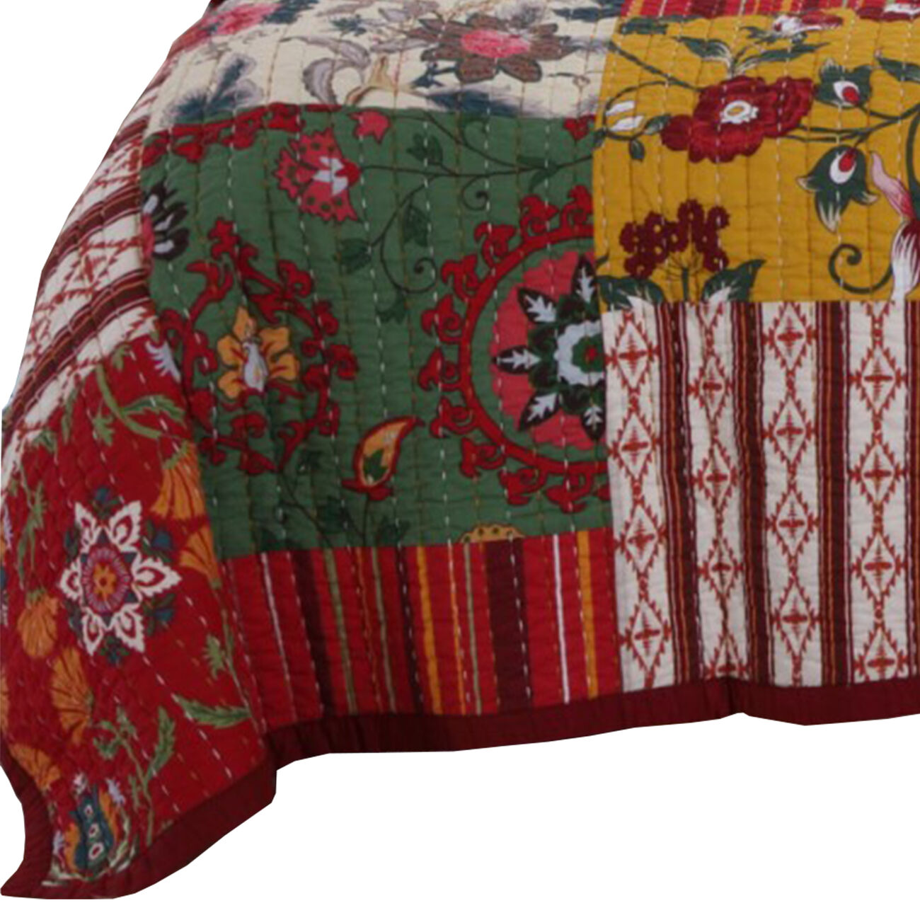 Portland 3 Piece Queen Size Cotton Quilt Set with Floral Print, Multicolor