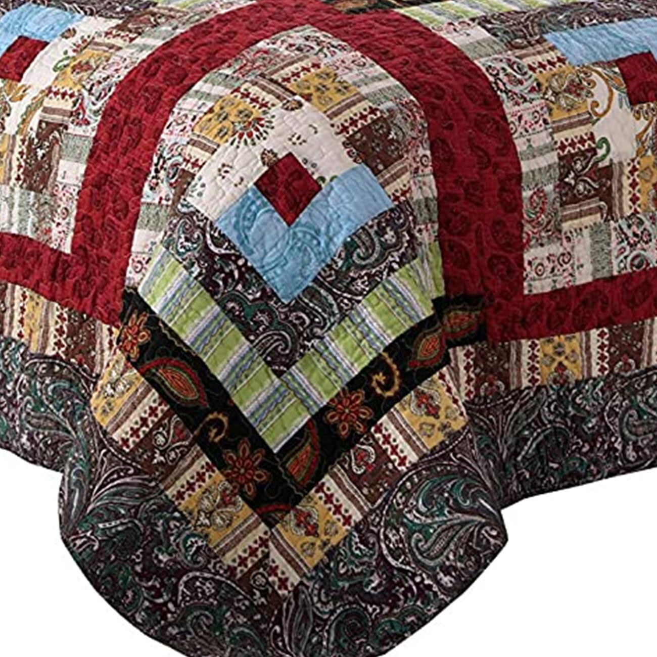 Thames 3 Piece King Size Cotton Quilt Set with Log Cabin Pattern, Multicolor