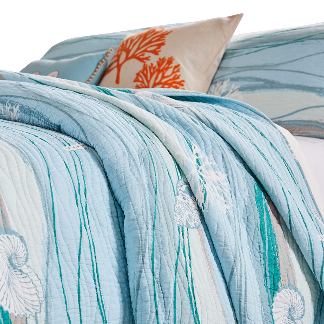 Maritsa Four Piece Twin Size Fabric Quilt Set with Coastal Prints, Blue
