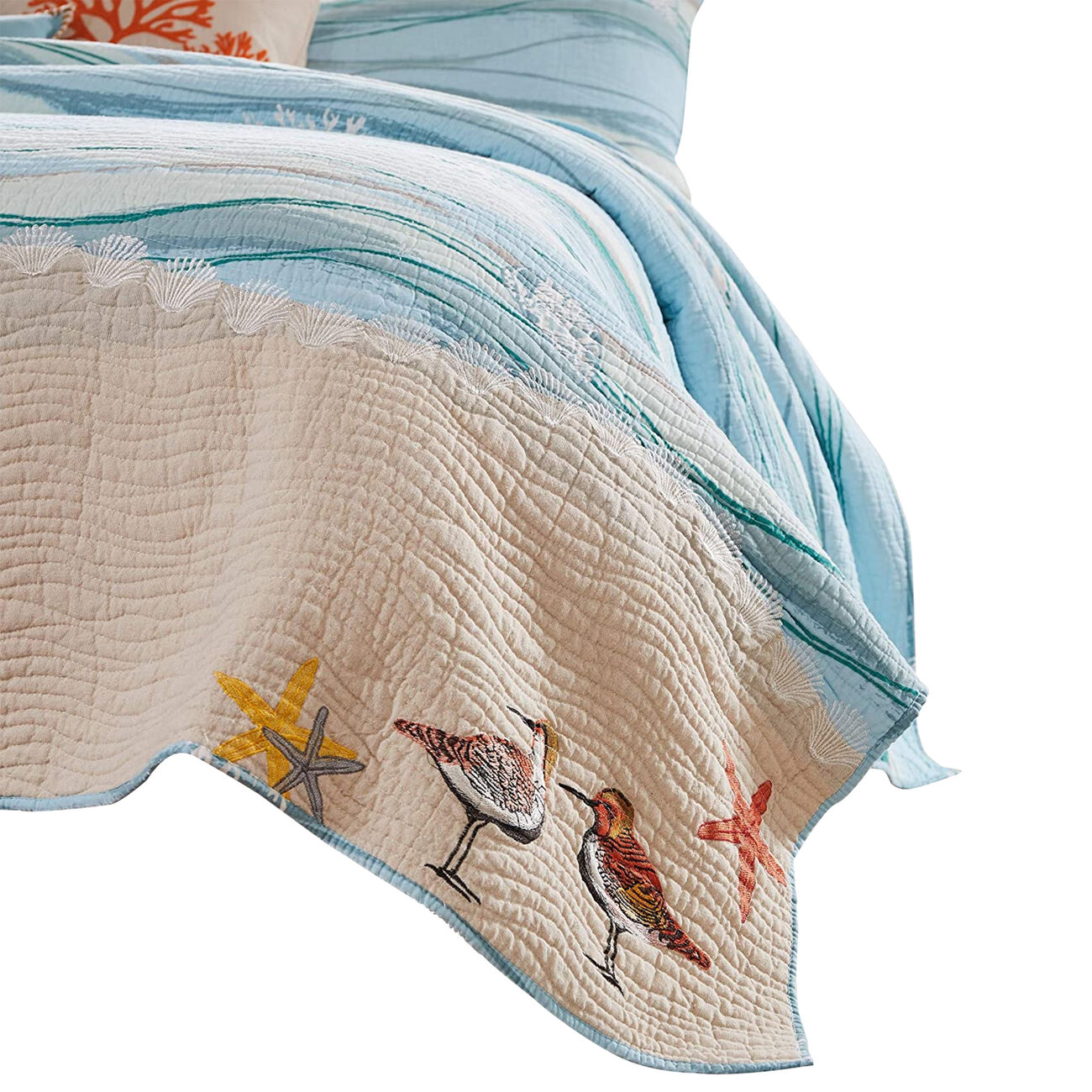 Maritsa Five Piece Queen Size Fabric Quilt Set with Coastal Prints, Blue