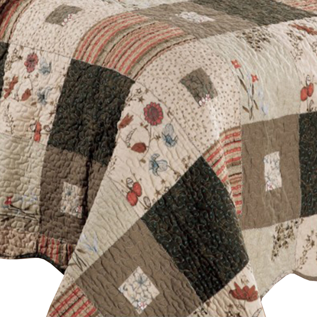 Douro Fabric 4 Piece Twin Quilt Set with Floral Print and Scalloped Edges,Brown