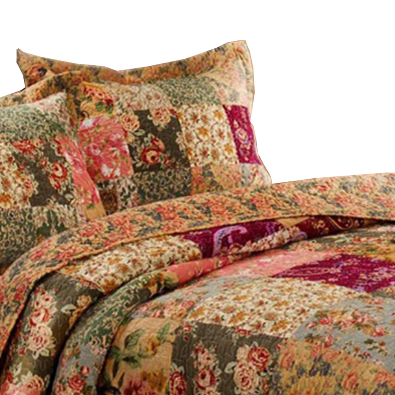 Kamet 3 Piece Fabric Full Size Bedspread Set with Floral Prints, Multicolor