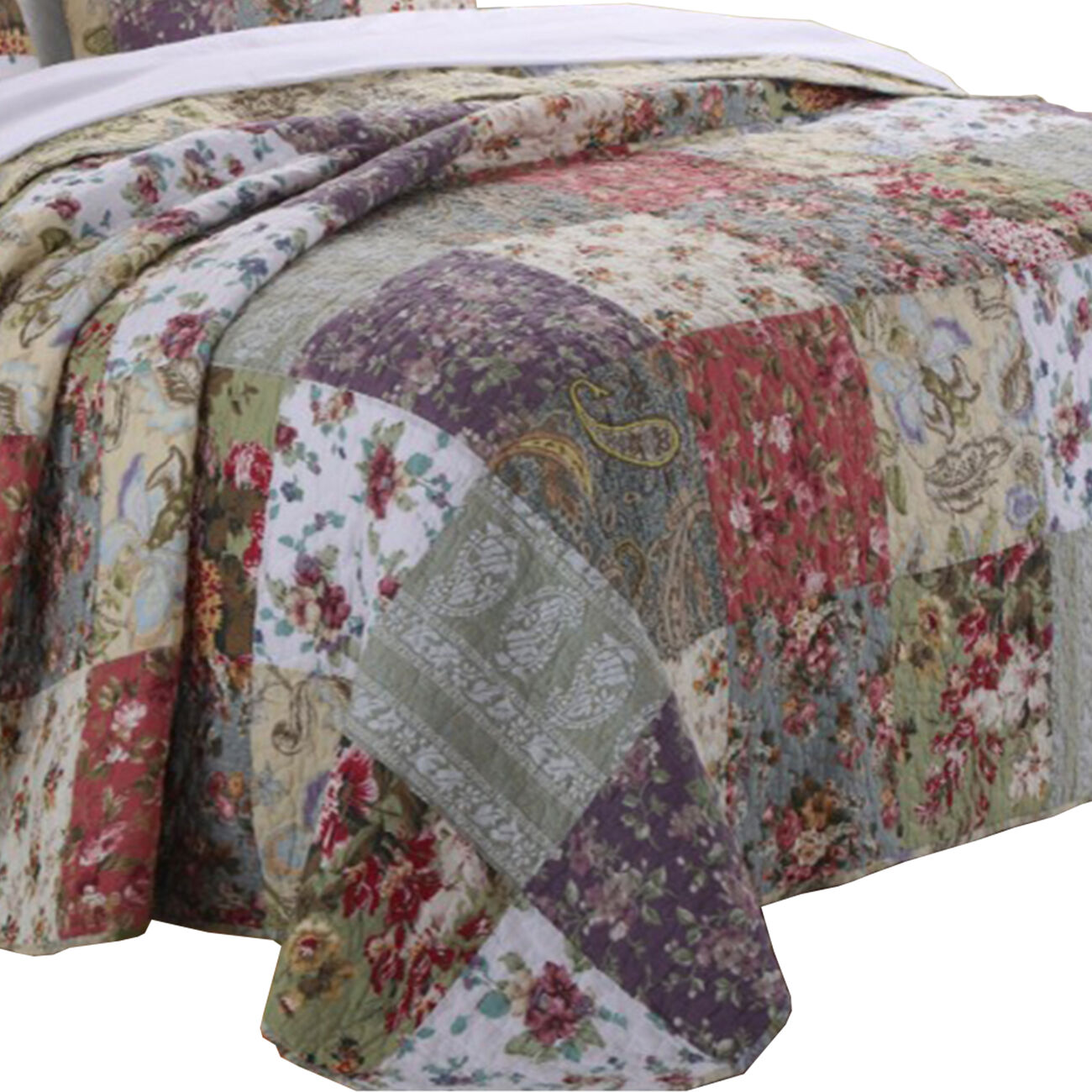 Chicago 3 Piece Fabric Queen Bedspread Set with Jacobean Prints, Multicolor