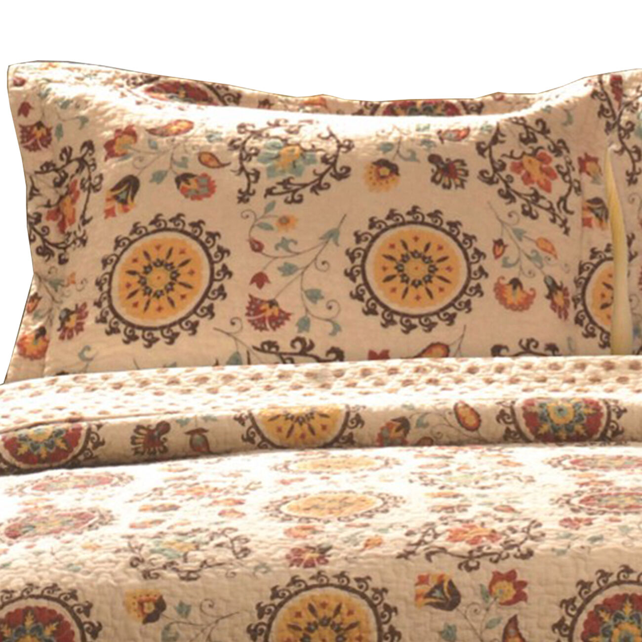 Elbe Medallion and Floral Pattern Fabric Standard Pillow Sham, Beige and Brown