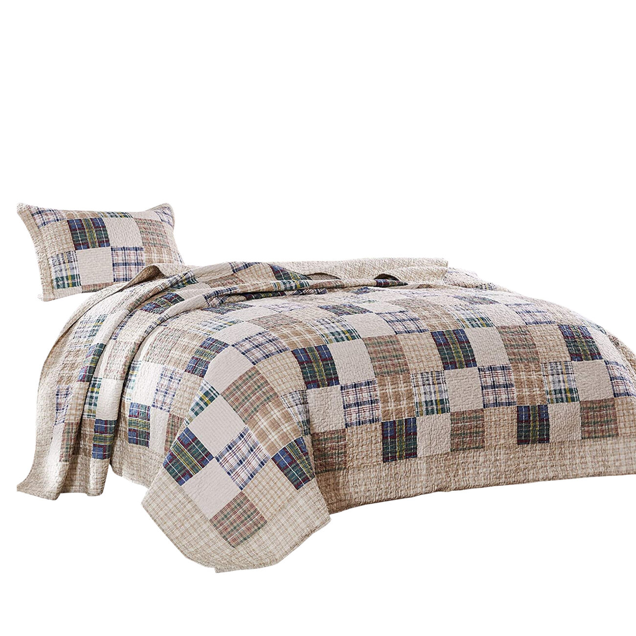 Ebro 2 Piece Twin Size Quilt Set with Plaids Square and Stripes Pattern, Cream