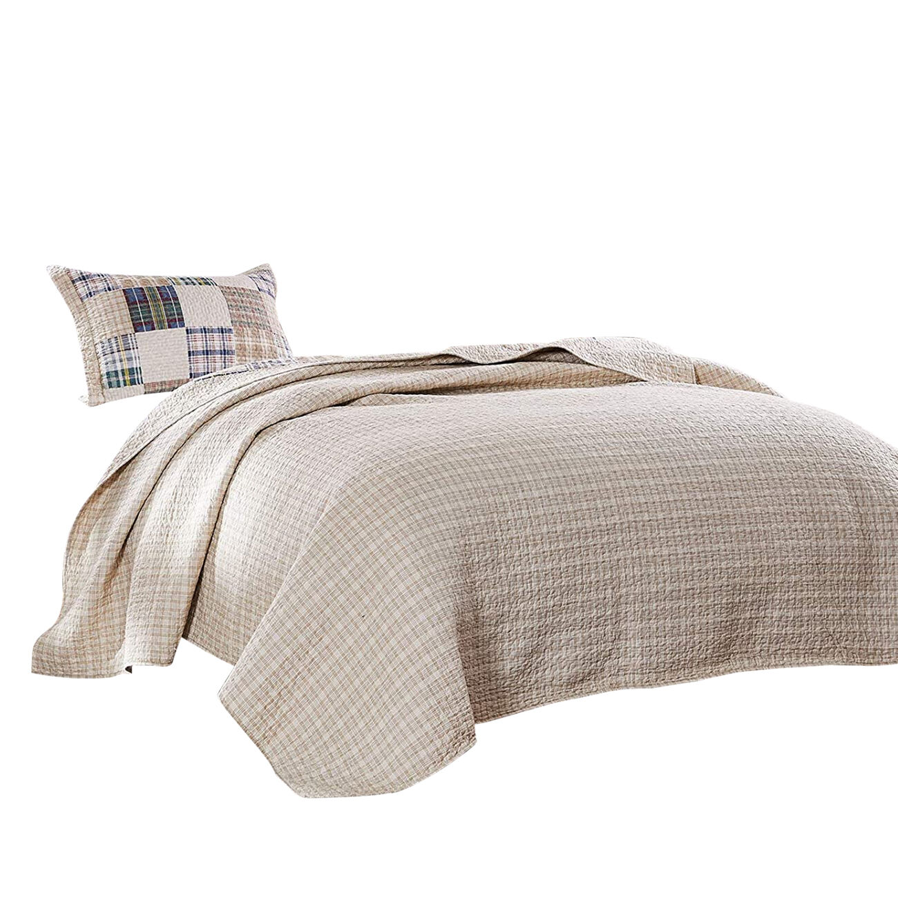 Ebro 2 Piece Twin Size Quilt Set with Plaids Square and Stripes Pattern, Cream