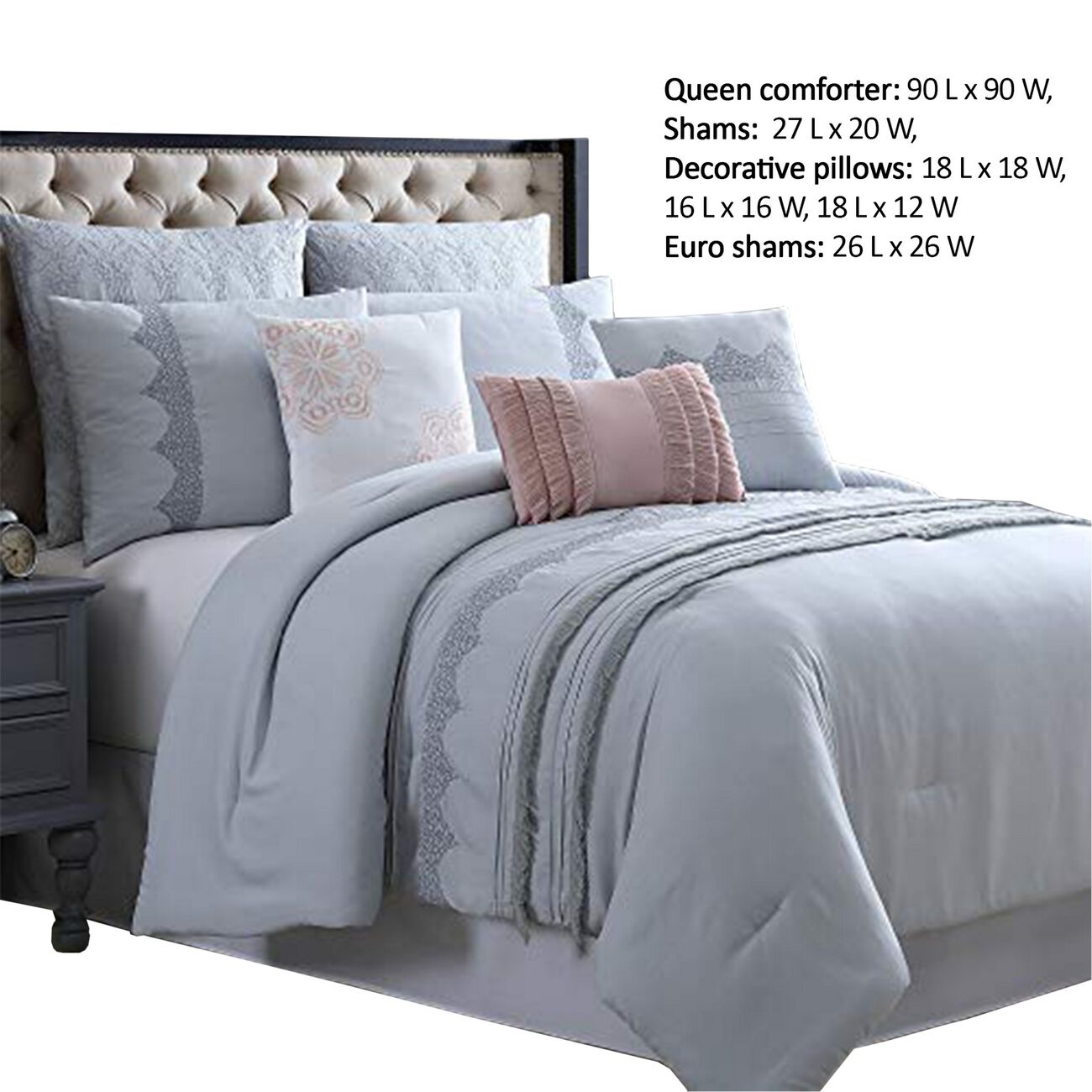 Valletta 8 Piece Queen Comforter Set with Embroidery and Pleats The Urban Port, Gray