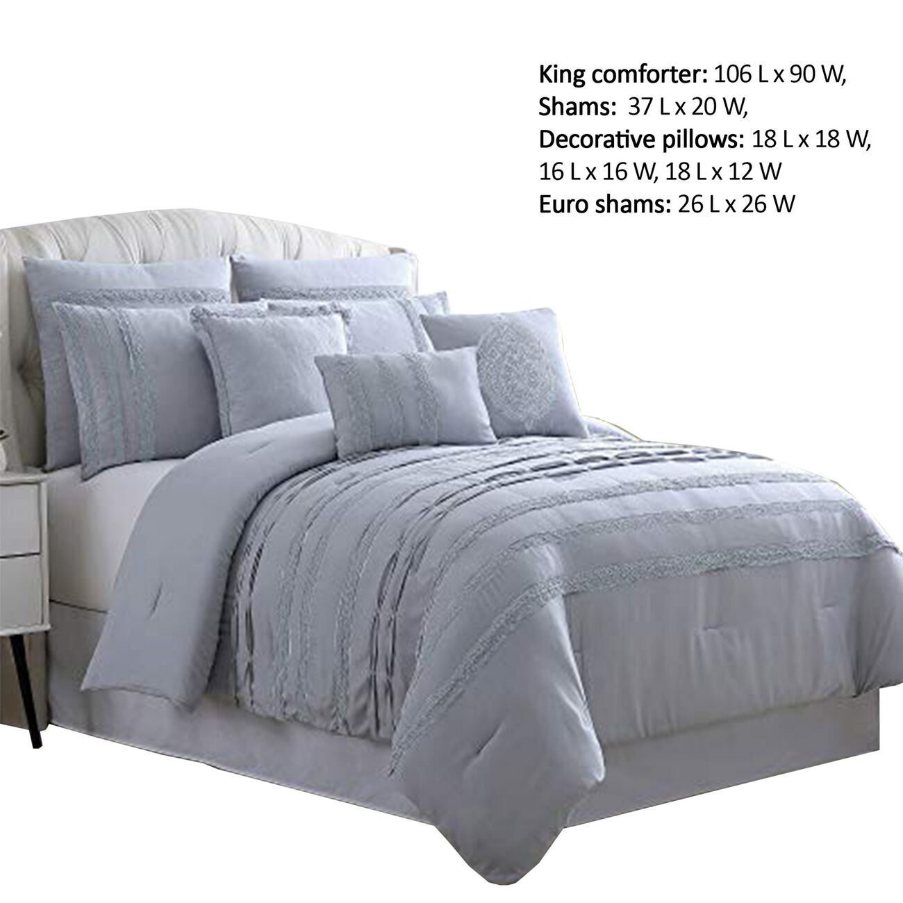 Assisi 8 Piece King Comforter Set with Reverse Pleats and Lace The Urban Port, Gray