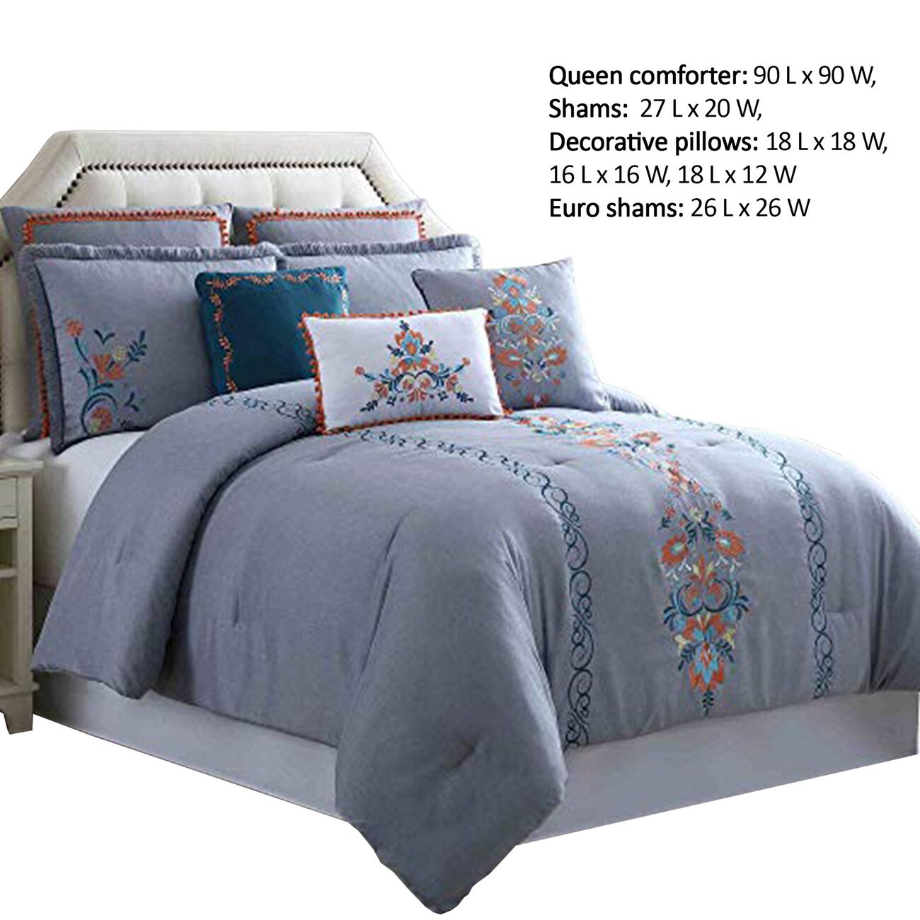 Odense 8 Piece Queen Comforter Set with Floral Embroidery The Urban Port, Multicolor