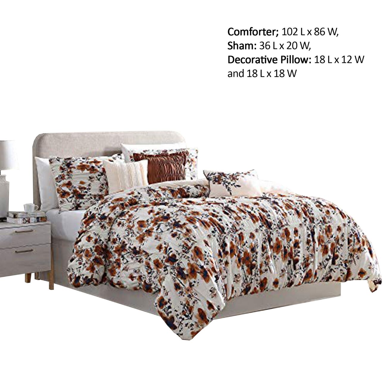 Lyon 6 Piece Floral King Comforter Set with Shirring The Urban Port, Brown and White