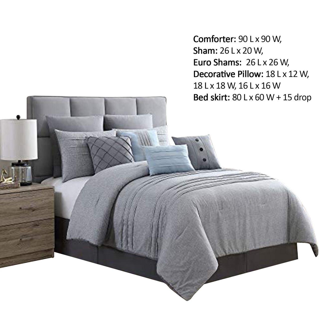 Rhodes Town Textured Print Queen Size Comforter Set with Pleats The Urban Port, Gray