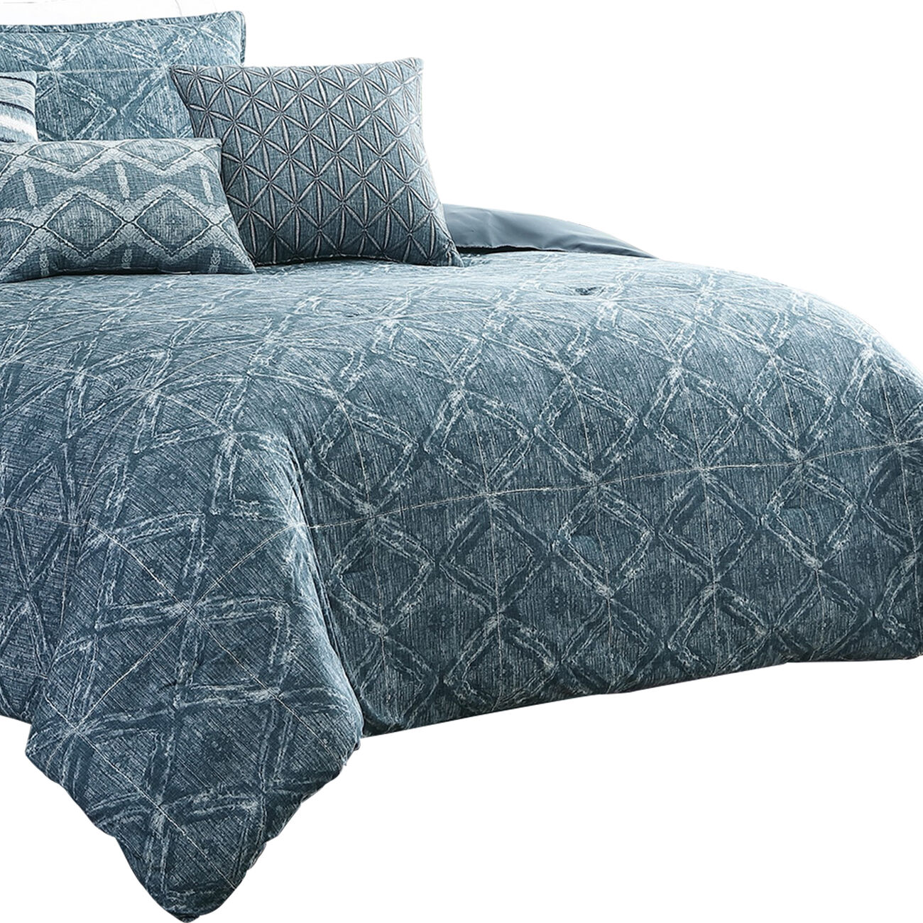 7 Piece Queen Size Cotton Comforter Set with Geometric Print, Blue