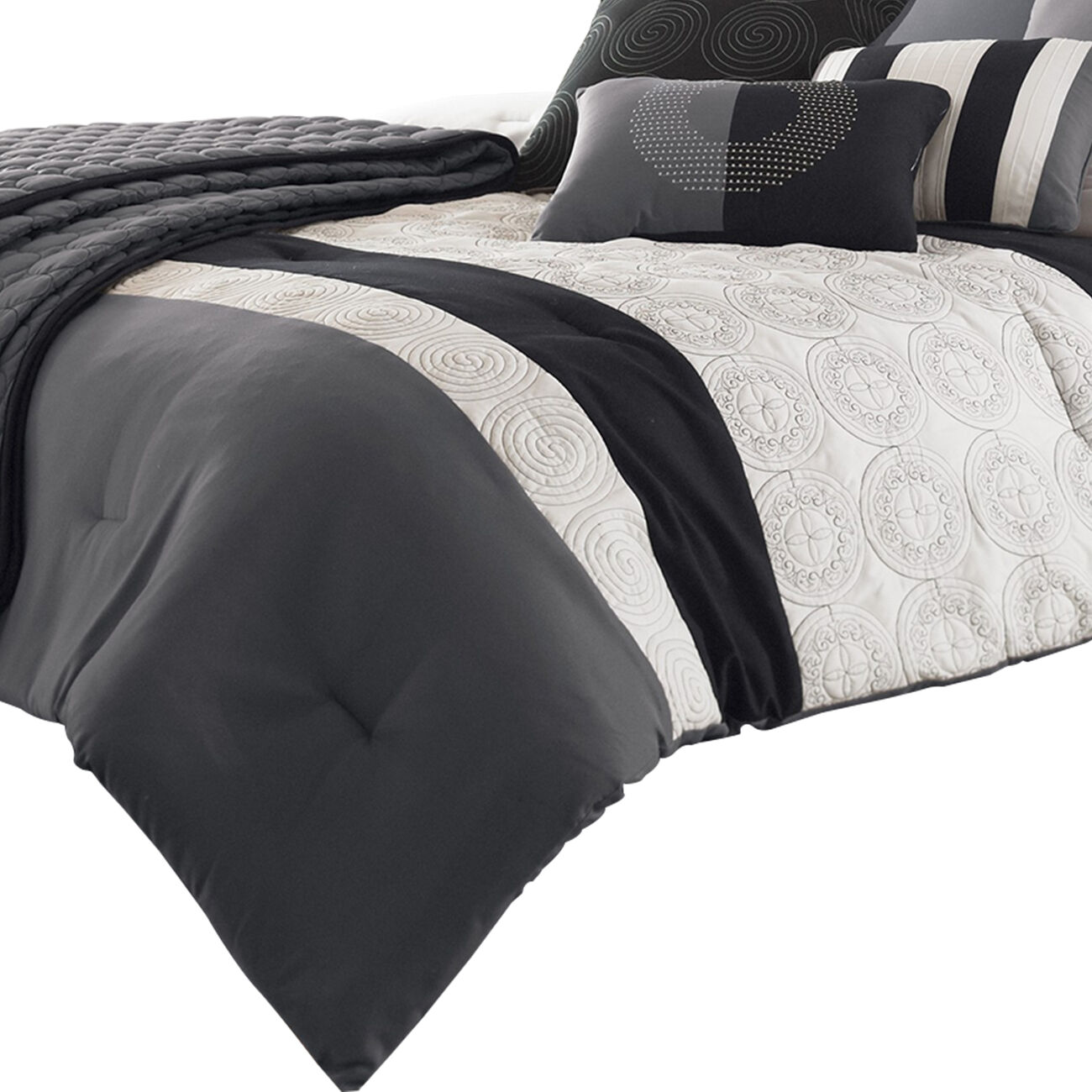 7 Piece King Size Cotton Comforter Set with Geometric Print, Gray and Black