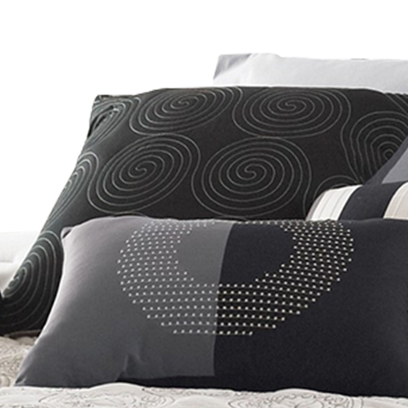 7 Piece King Size Cotton Comforter Set with Geometric Print, Gray and Black