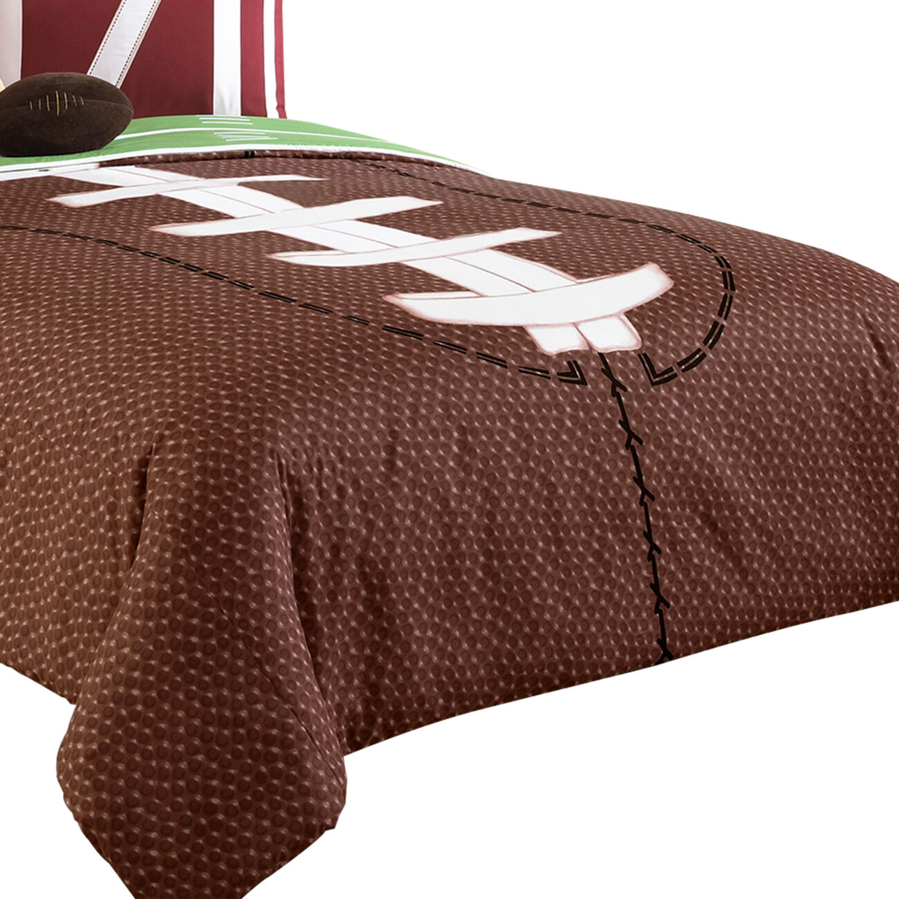 5 Piece Twin Comforter Set with Football Field Print, Brown and Green