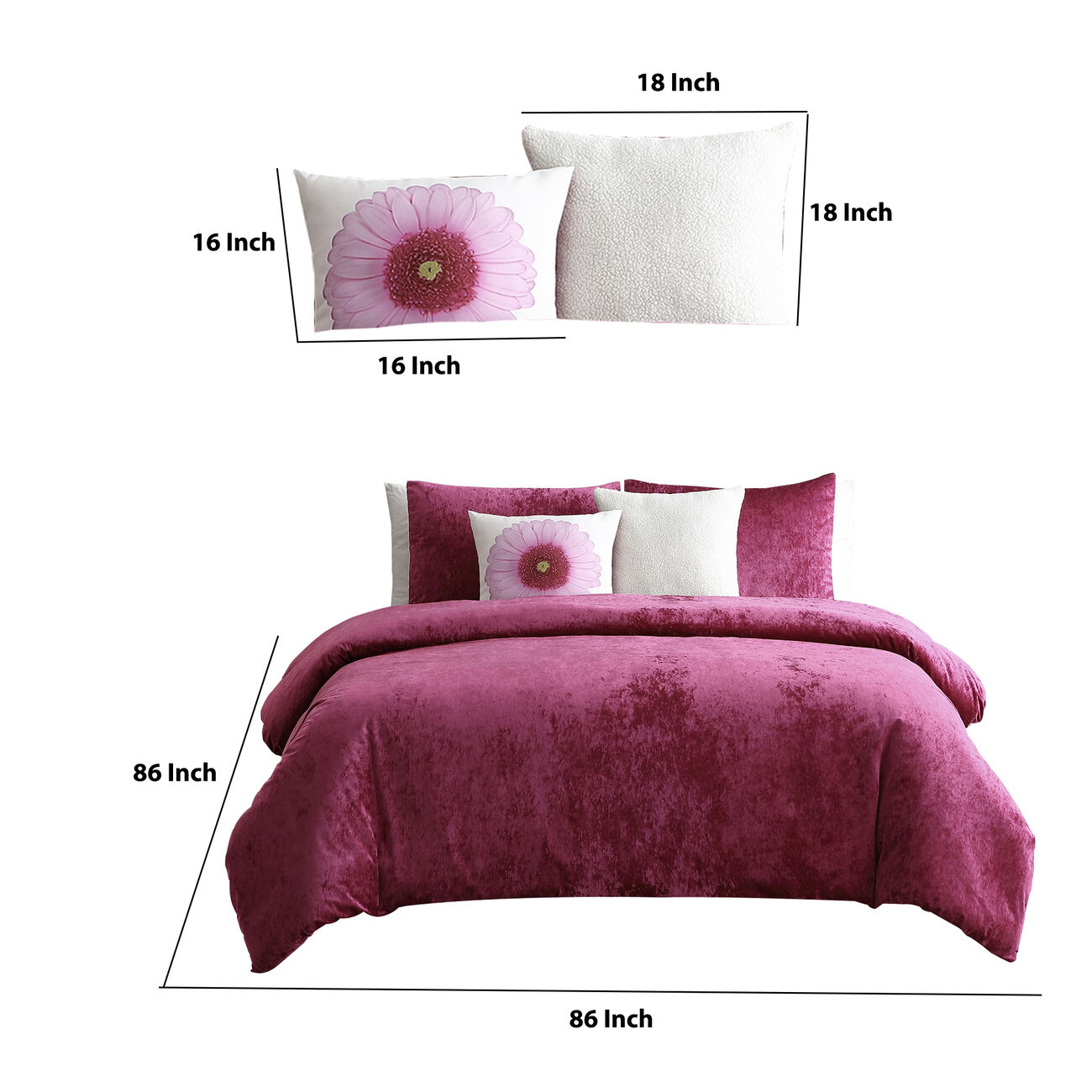 5 Piece Velvet Full Size Comforter Set with Accent Pillows, Pink