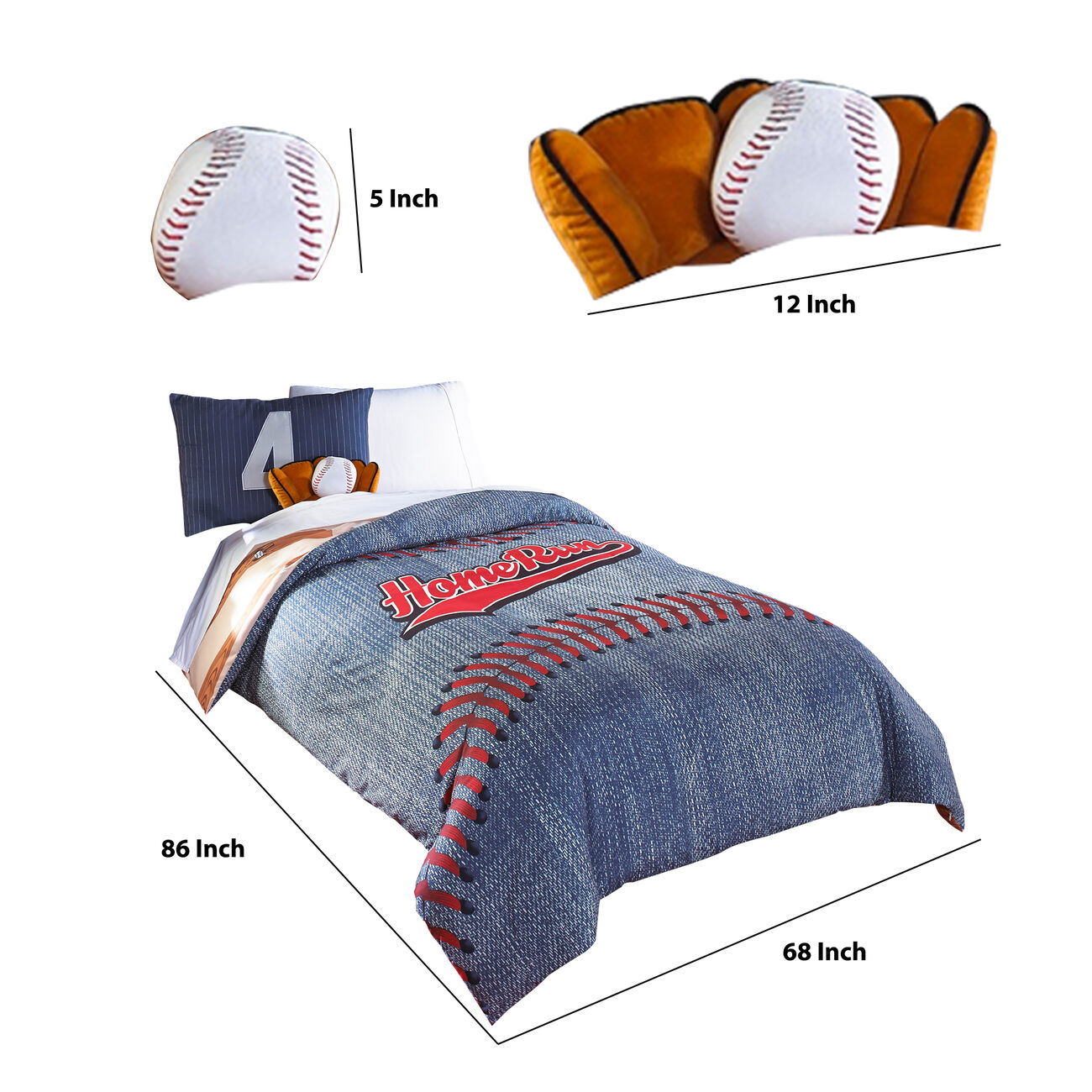 5 Piece Polyester Twin Comforter Set with Baseball Inspired Print, Blue