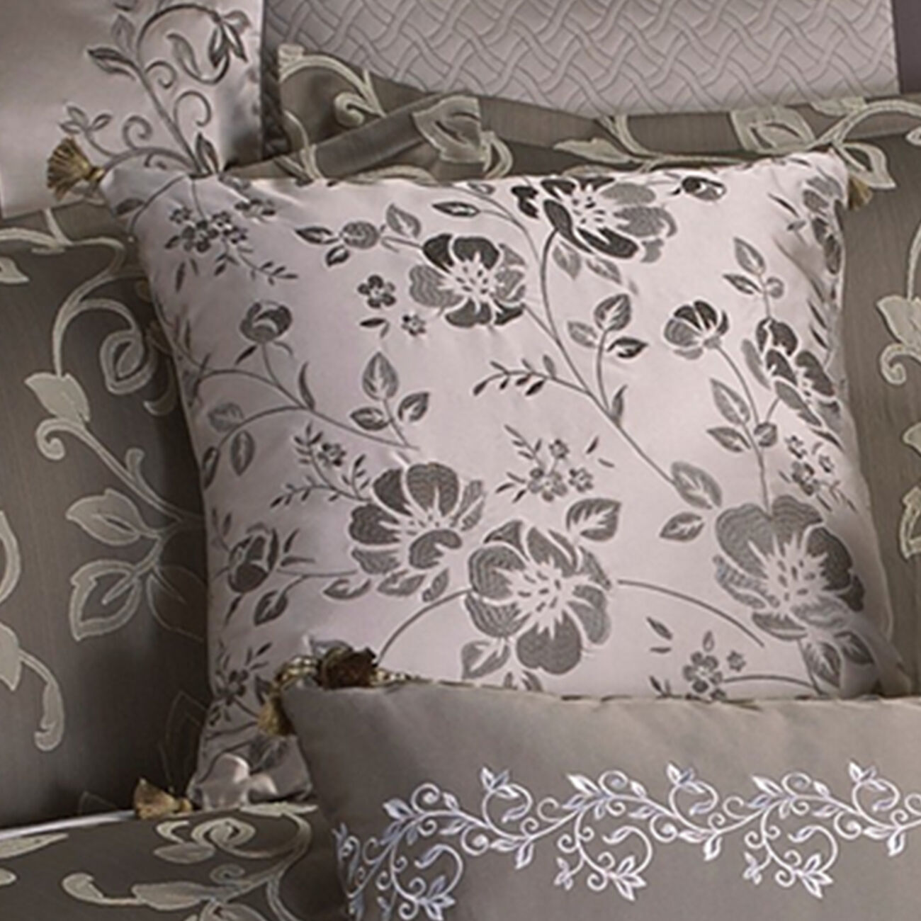 10 Piece King Polyester Comforter Set with Leaf Print, Platinum Gray