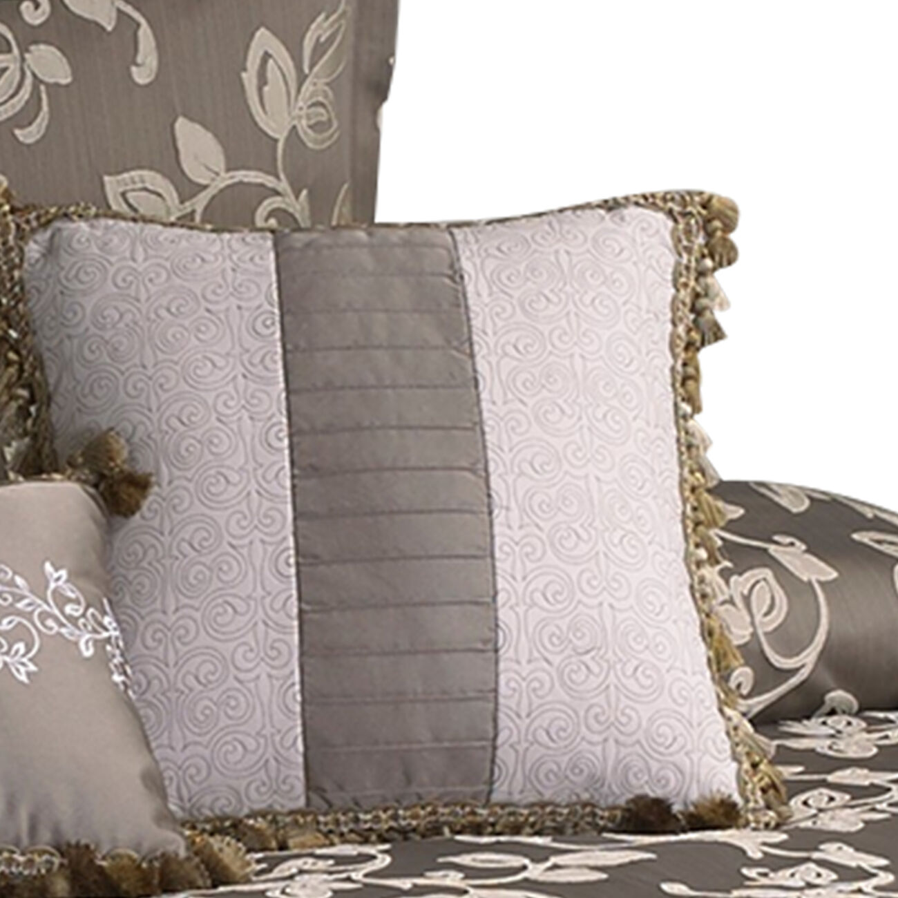 10 Piece King Polyester Comforter Set with Leaf Print, Platinum Gray