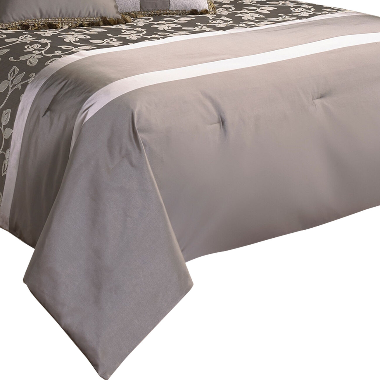 9 Piece Queen Polyester Comforter Set with Leaf Print, Platinum Gray