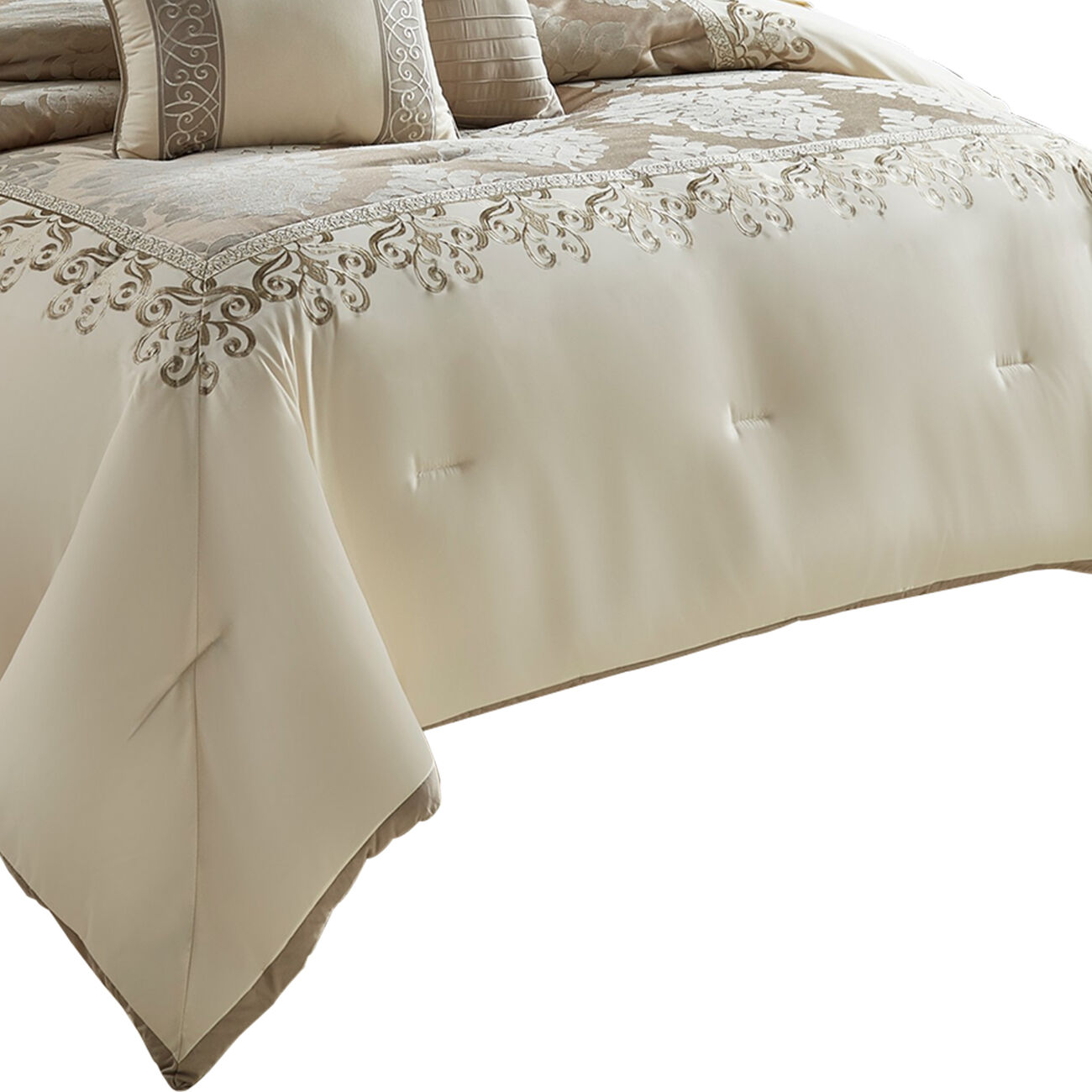 9 Piece Queen Polyester Comforter Set with Damask Print, Cream and Gold