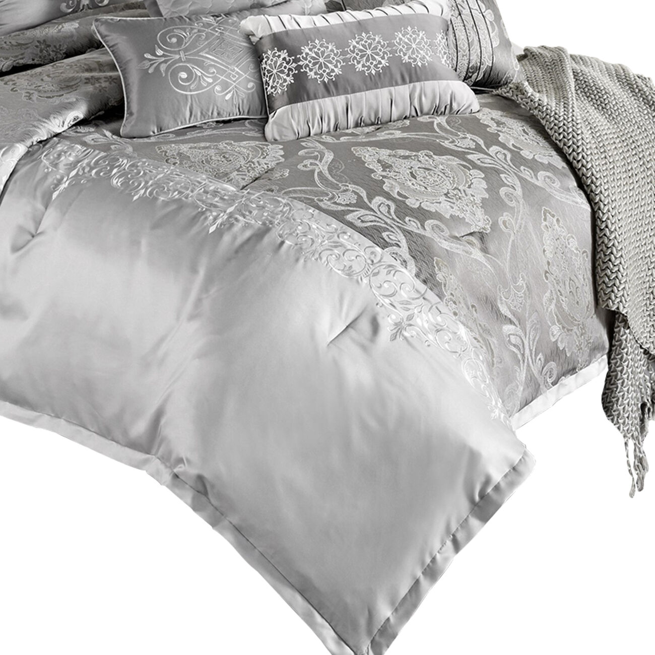 12 Piece Queen Polyester Comforter Set with Medallion Print, Platinum Gray