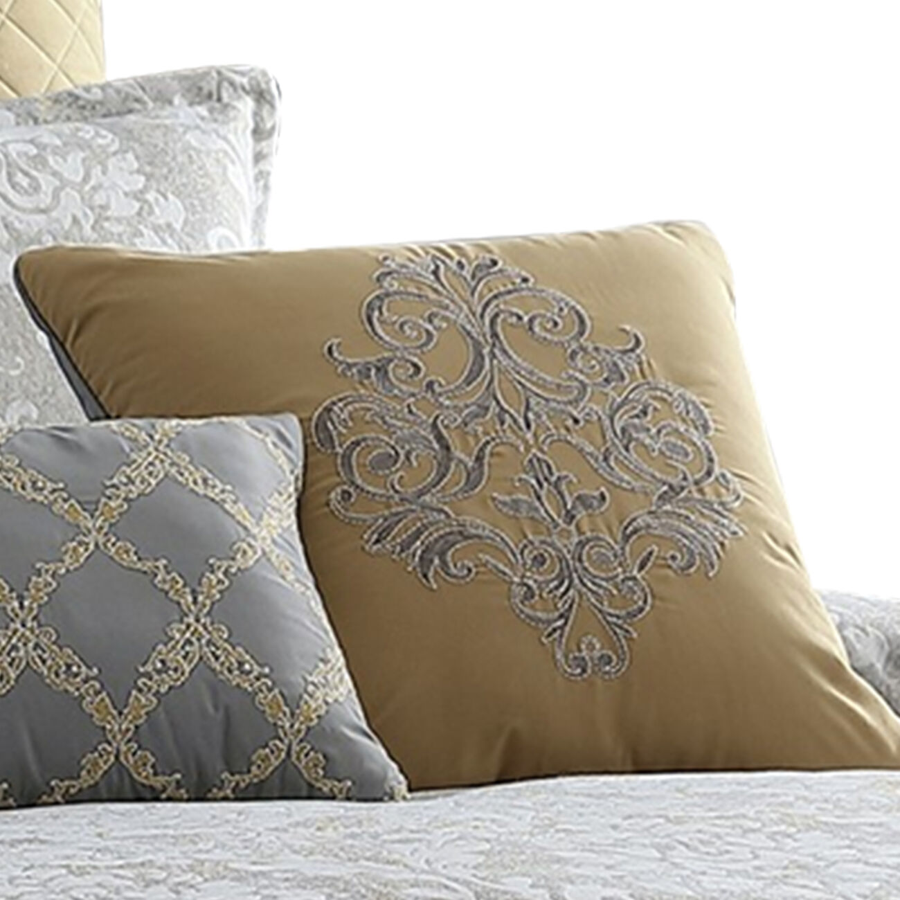 8 Piece Queen Polyester Comforter Set with Medallion Print, Gray and Gold