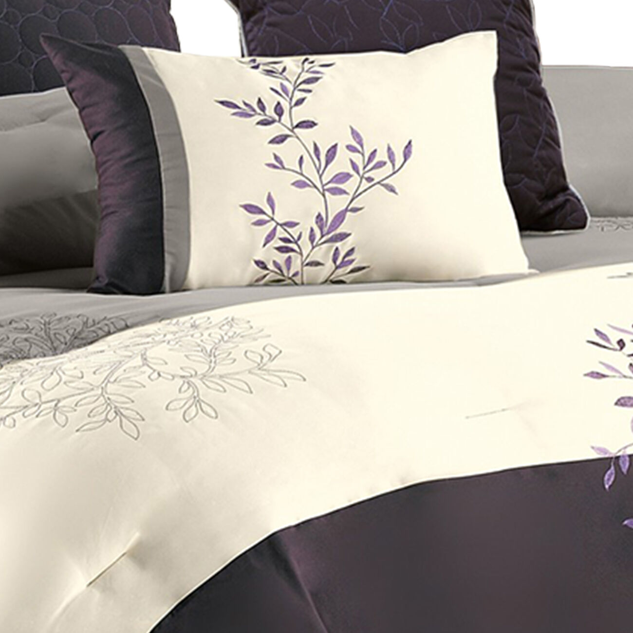 7 Piece Queen Polyester Comforter Set with Leaf Embroidery, Gray and Purple