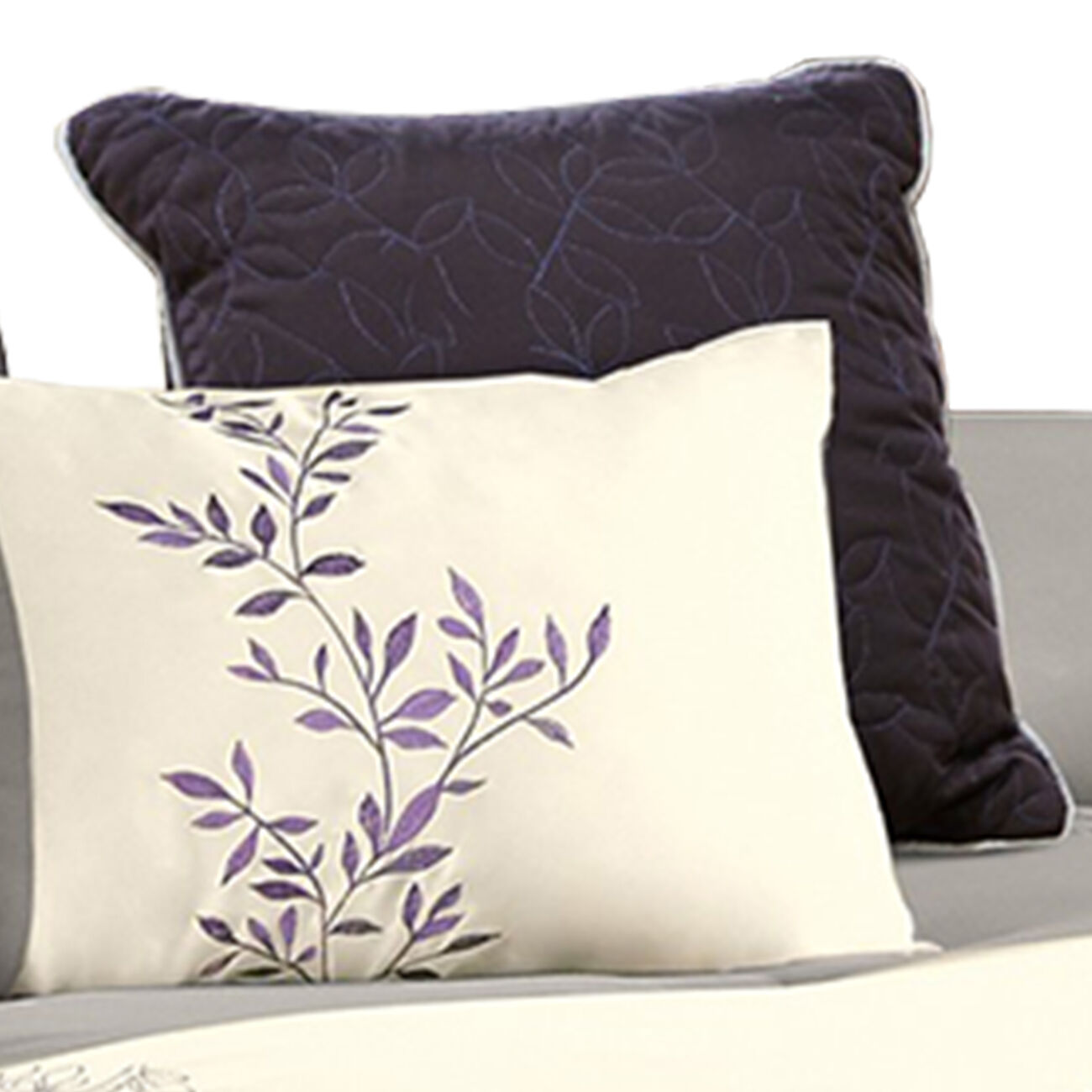 7 Piece Queen Polyester Comforter Set with Leaf Embroidery, Gray and Purple