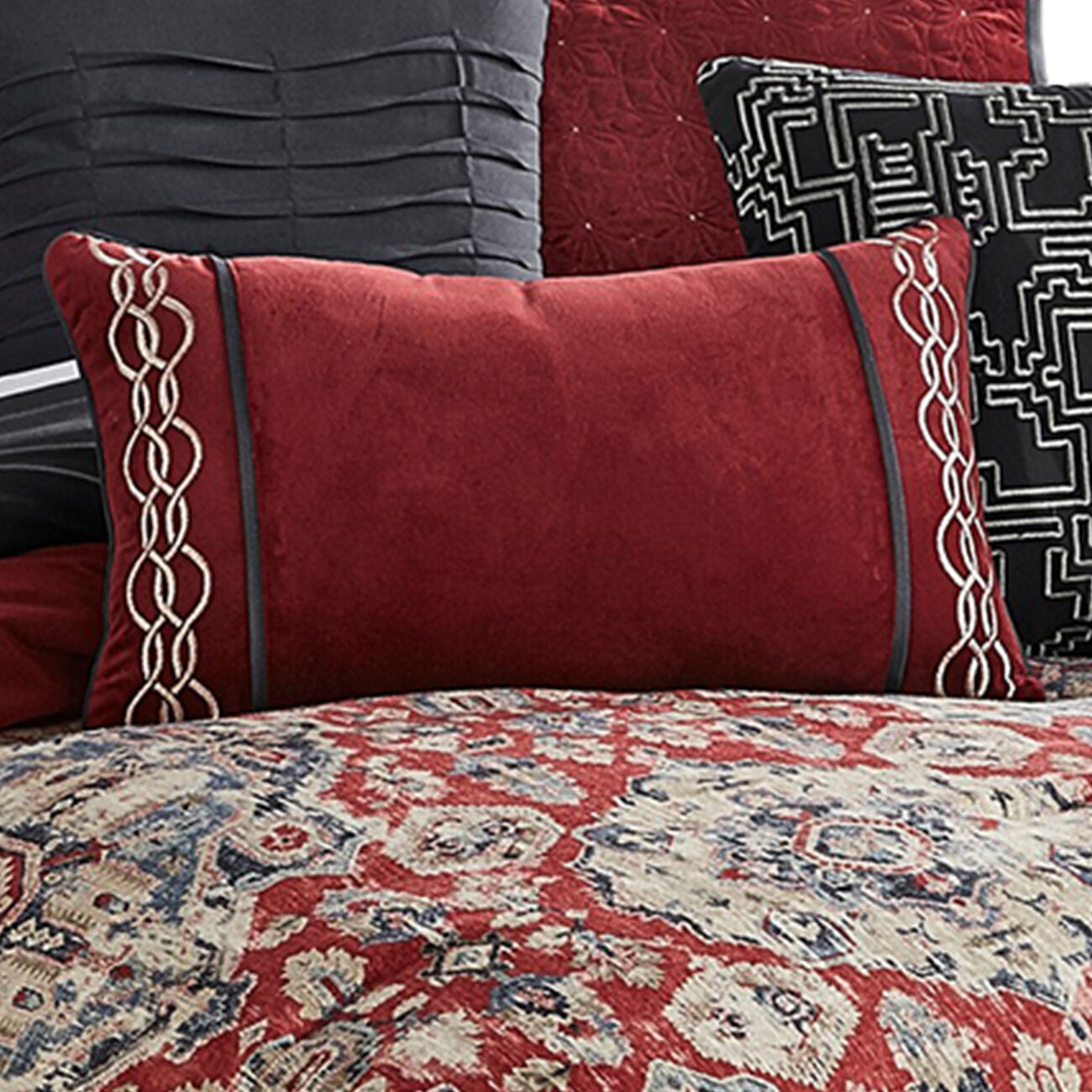 10 Piece King Size Comforter Set with Medallion Print, Red and Blue
